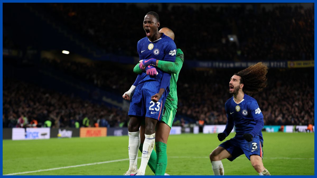 Chelsea players celebrate at full time.
