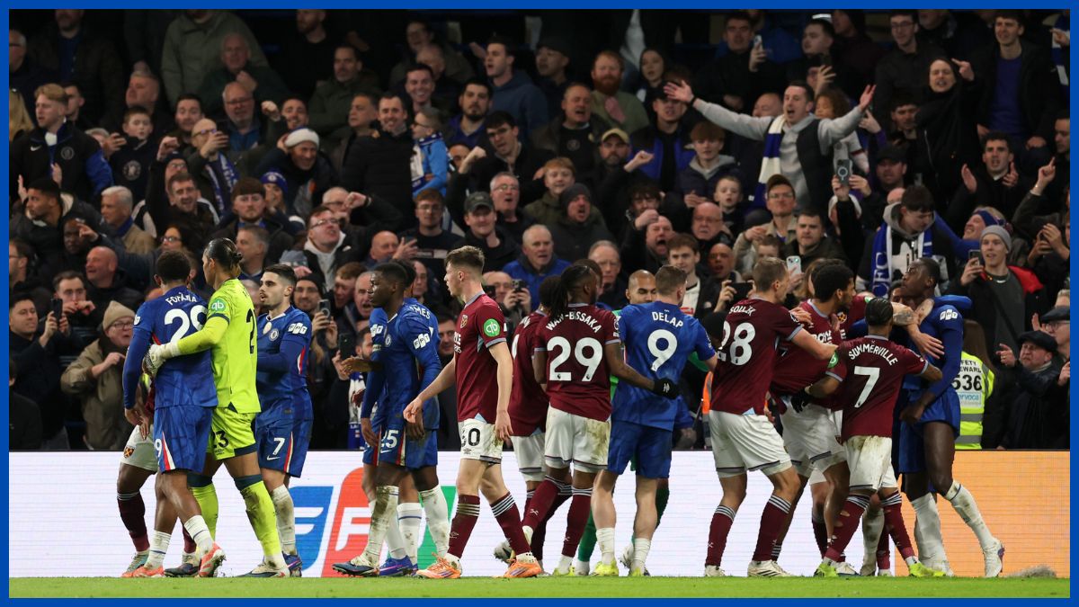 West Ham and Chelsea players fight at full time.