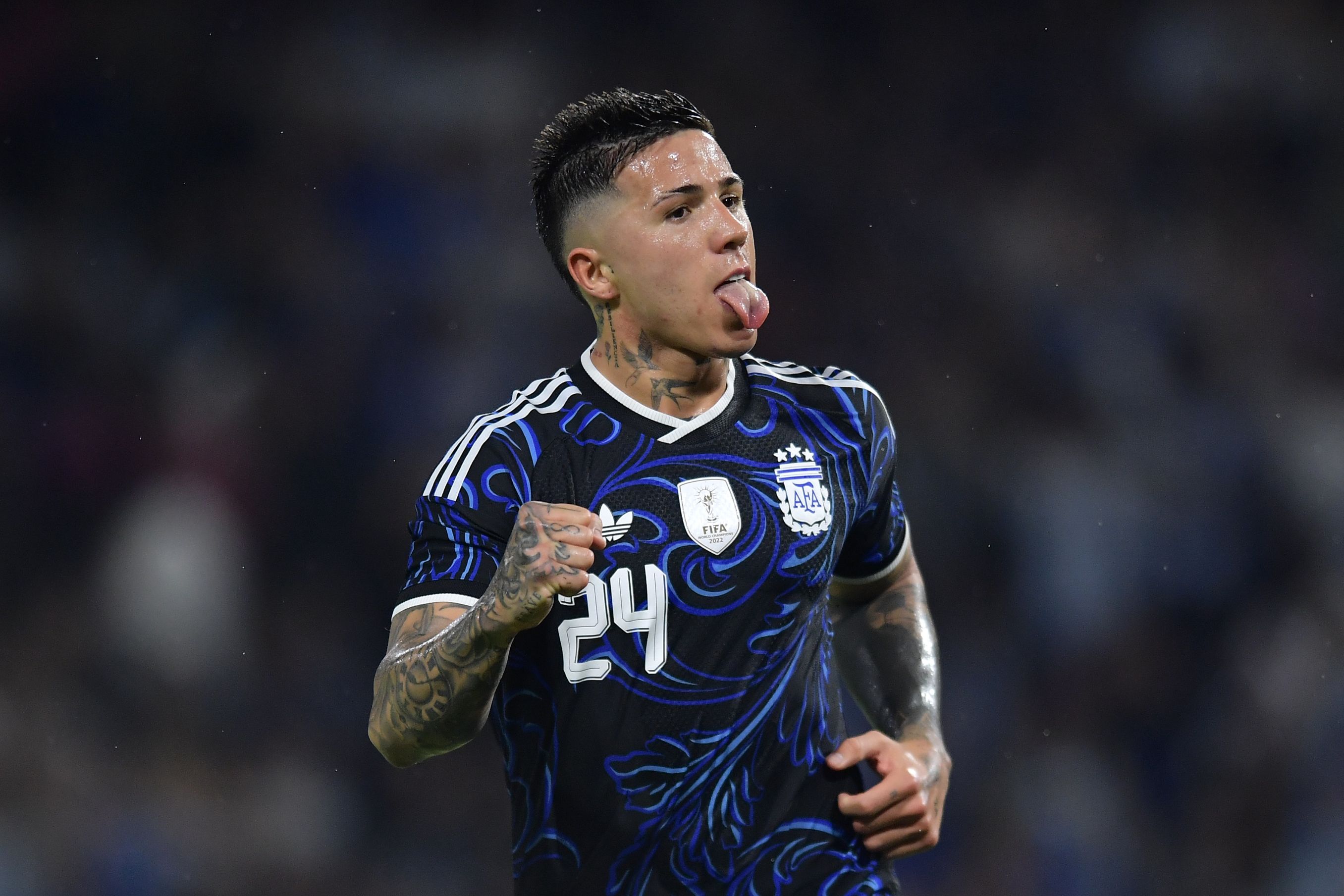 Enzo Fernandez celebrates scoring for Argentina.