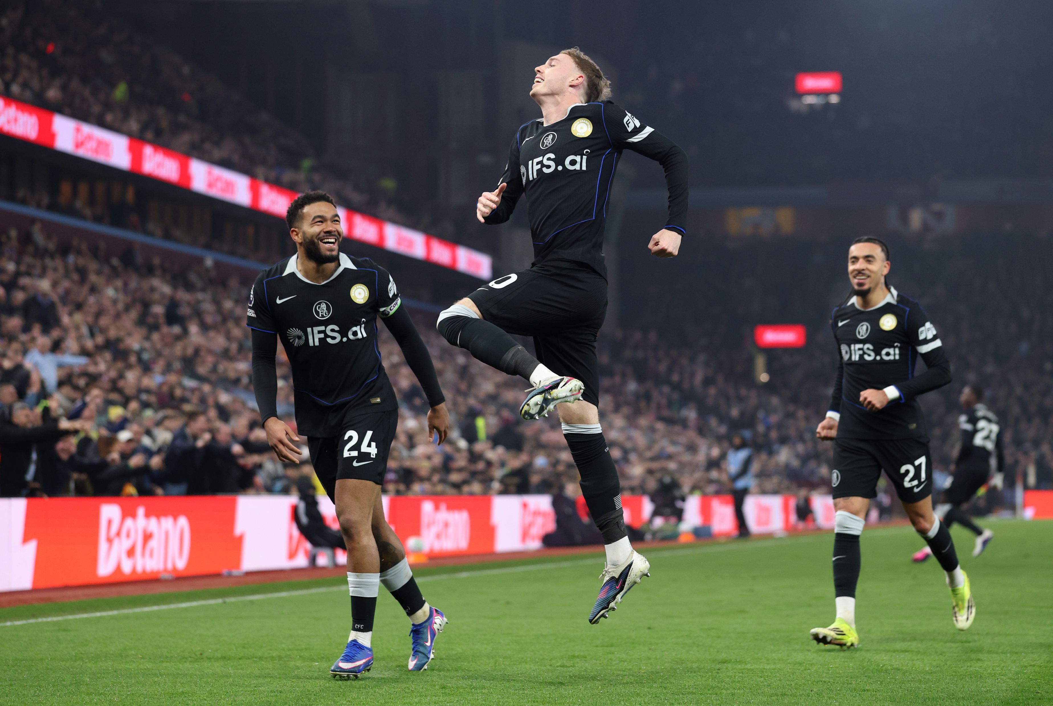 Cole Palmer celebrates scoring against Aston Villa.
