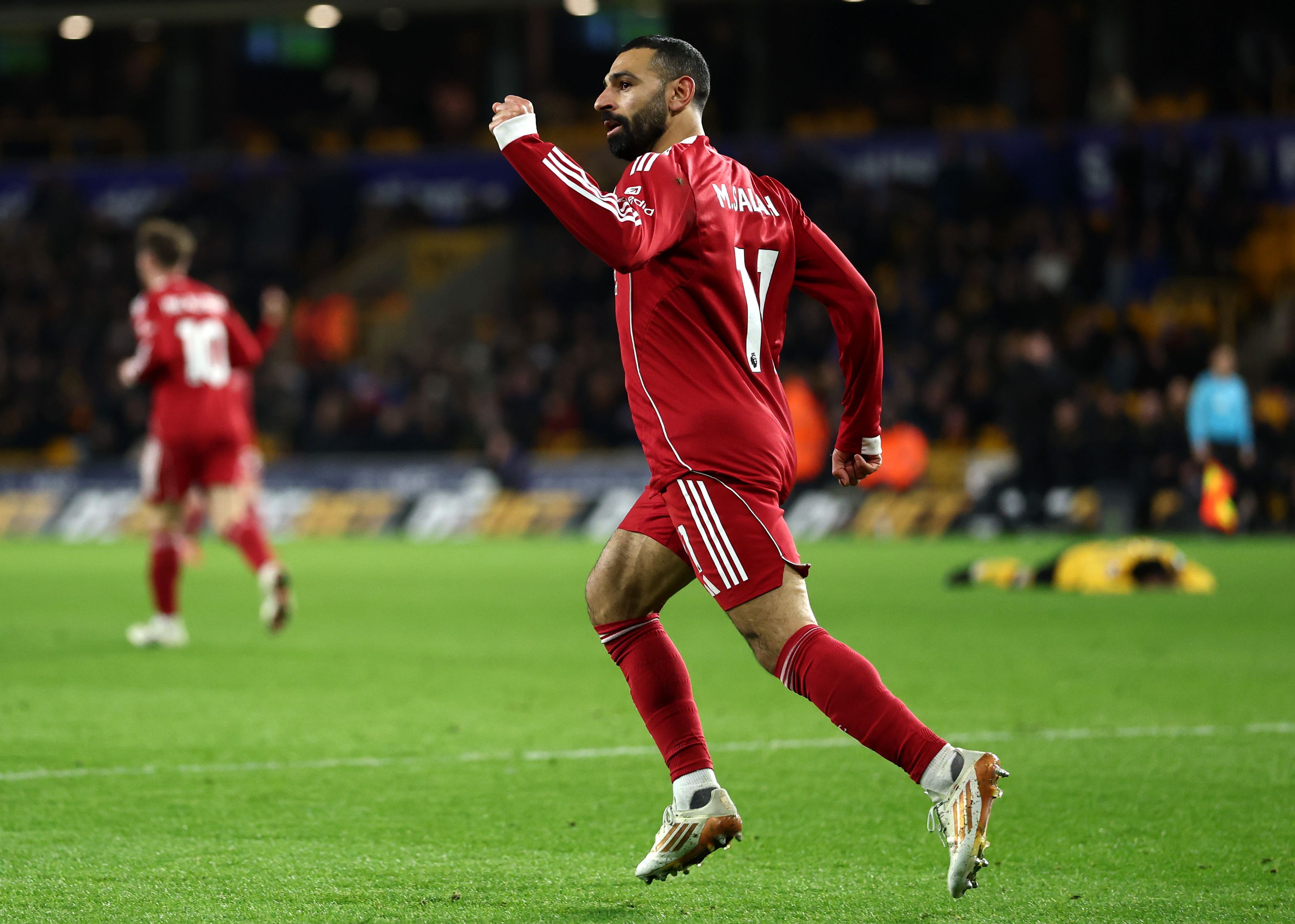 Mohamed Salah celebrates scoring for Liverpool.