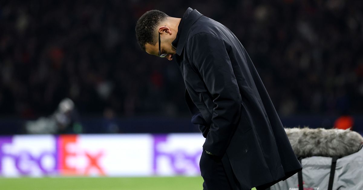 Liam Rosenior looks disappointed against PSG.