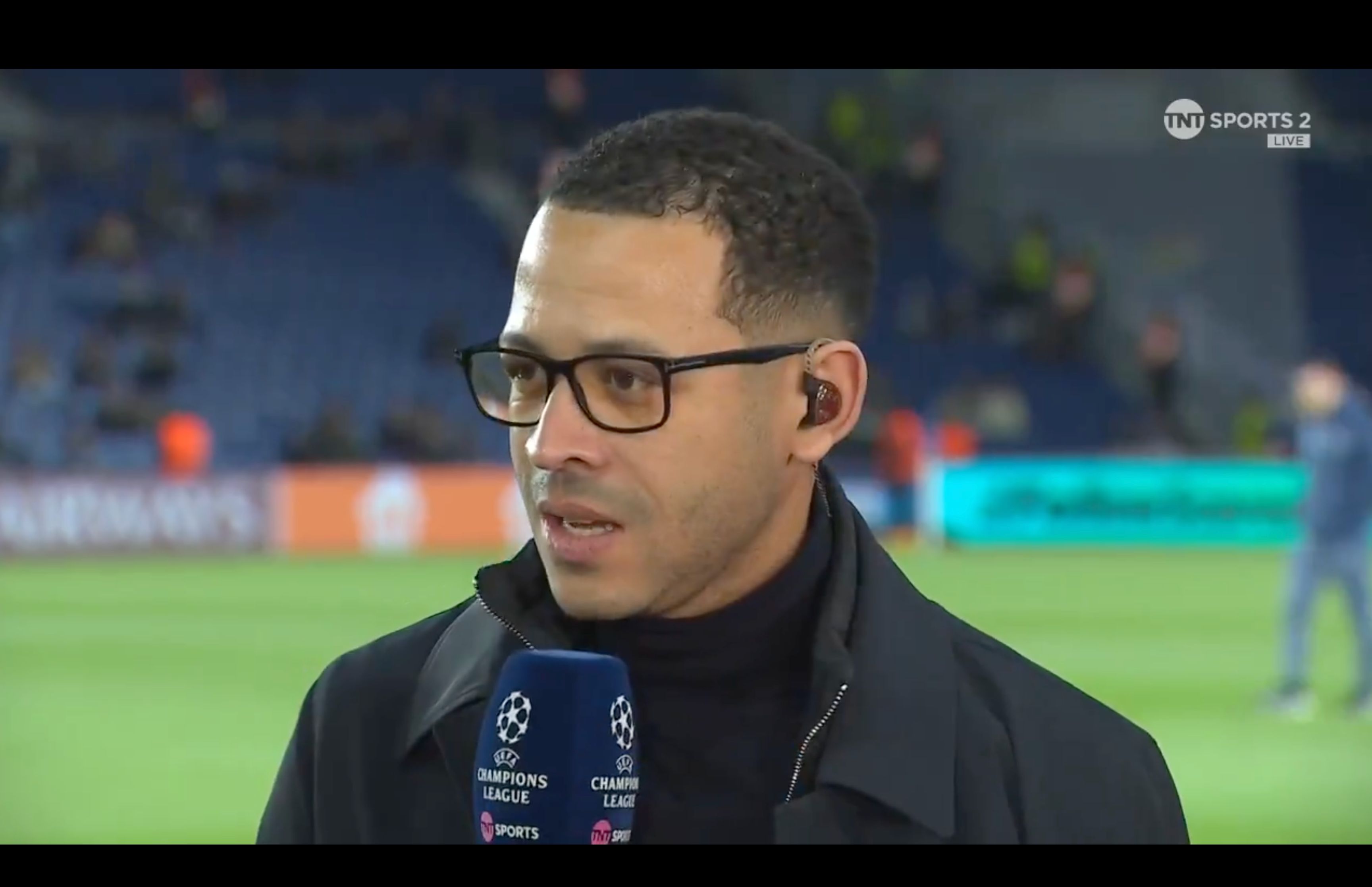 Liam Rosenior speaks on the touchline for Sky.