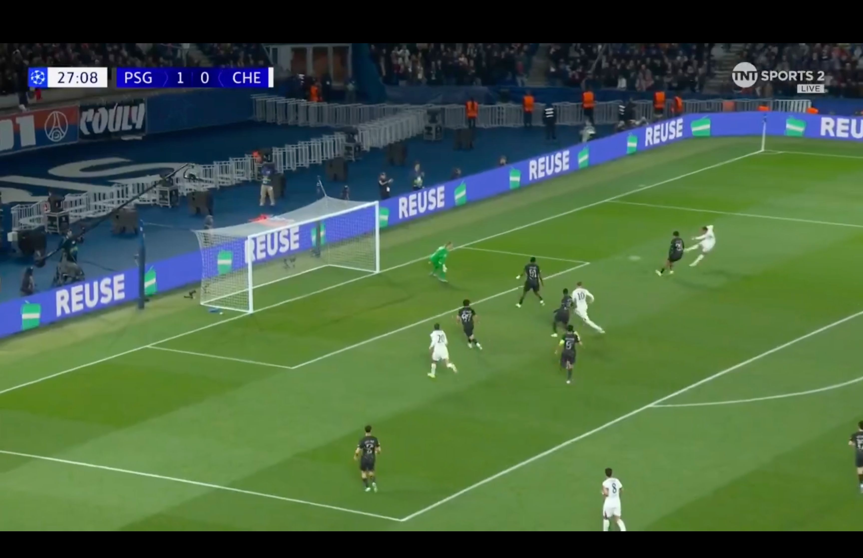 Malo Gusto fires in a Chelsea goal at PSG.