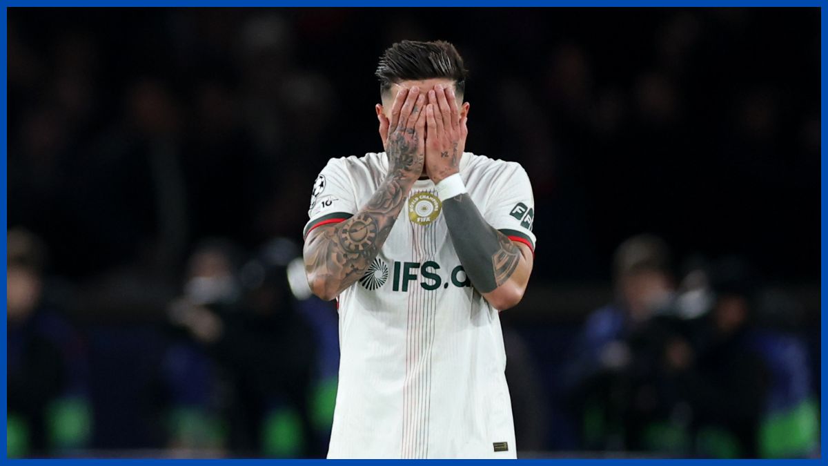 Enzo Fernandez reacts at full time of Chelsea - PSG.