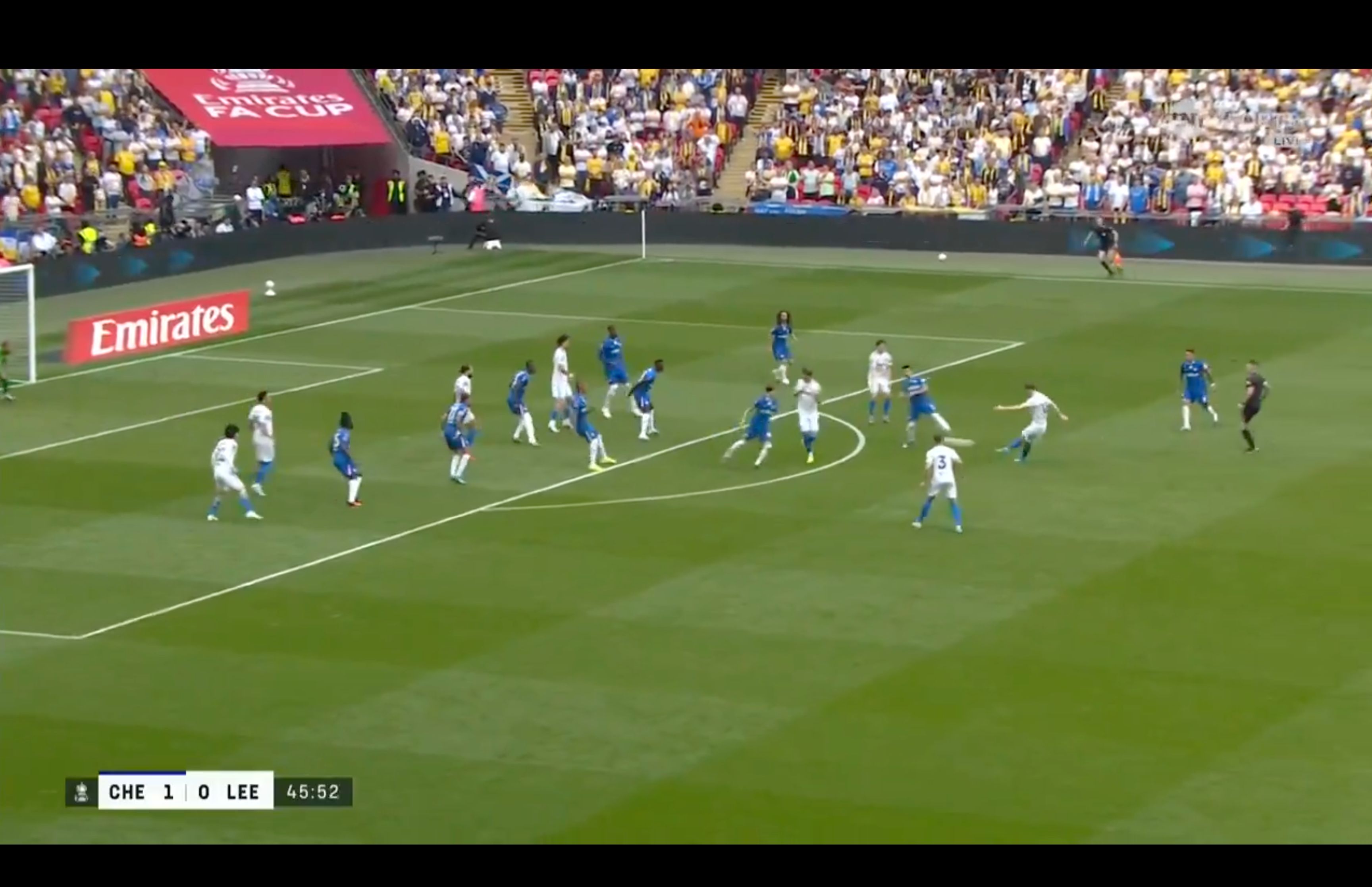 Joe Rodon leathers the ball at Robert Sanchez.