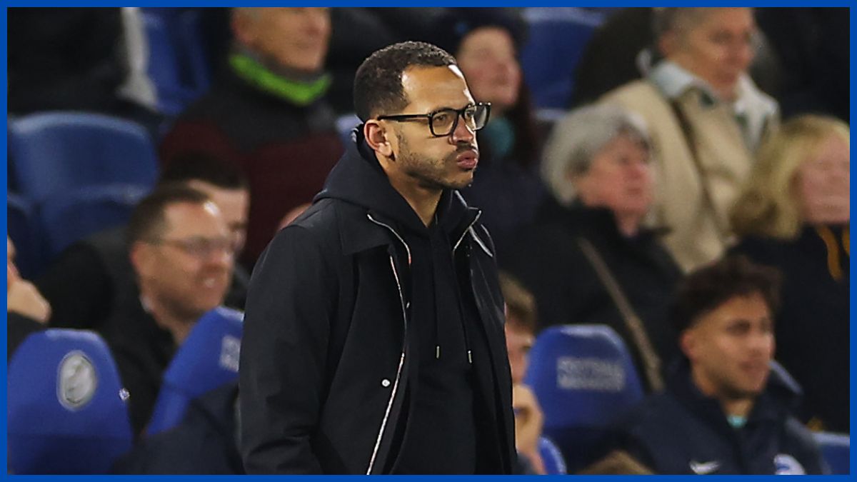 Liam Rosenior puffs his cheeks at full time.