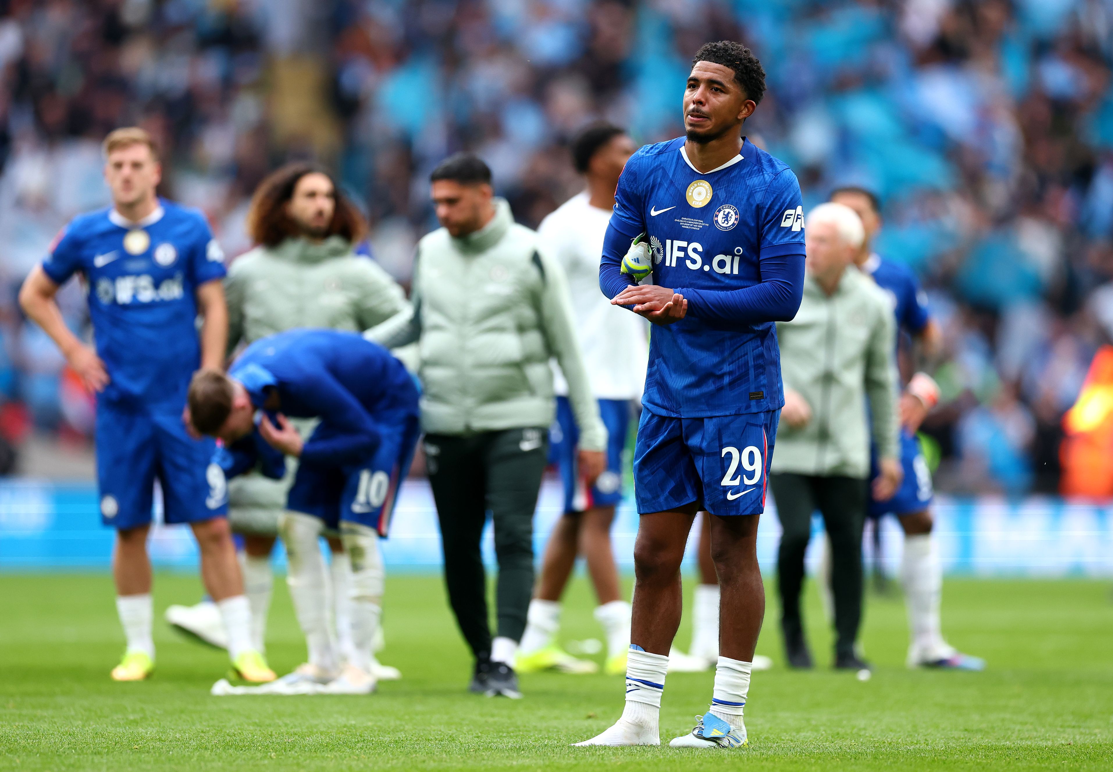 Wesley Fofana applauds Chelsea fans.
