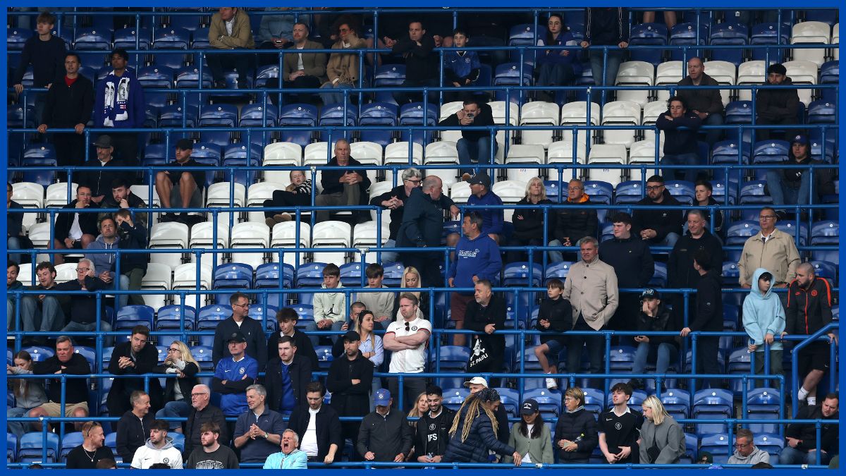 Unhappy Chelsea fans at an empty Stamford Bridge.