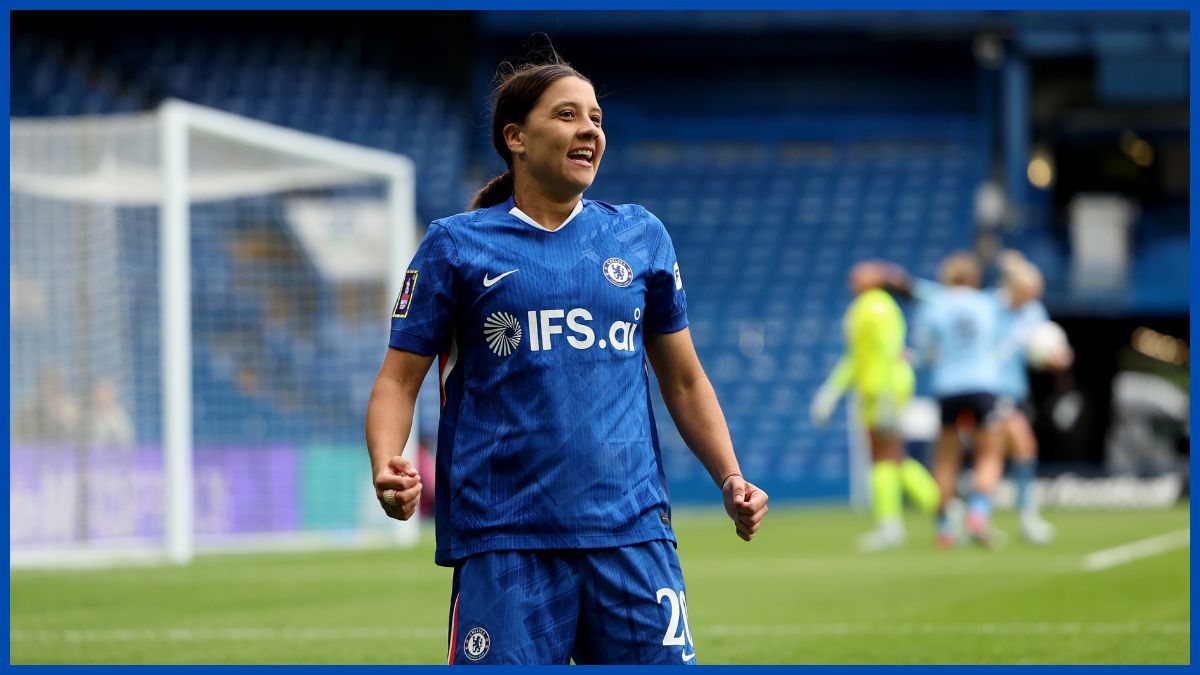 Sam Kerr scores at Stamford Bridge.
